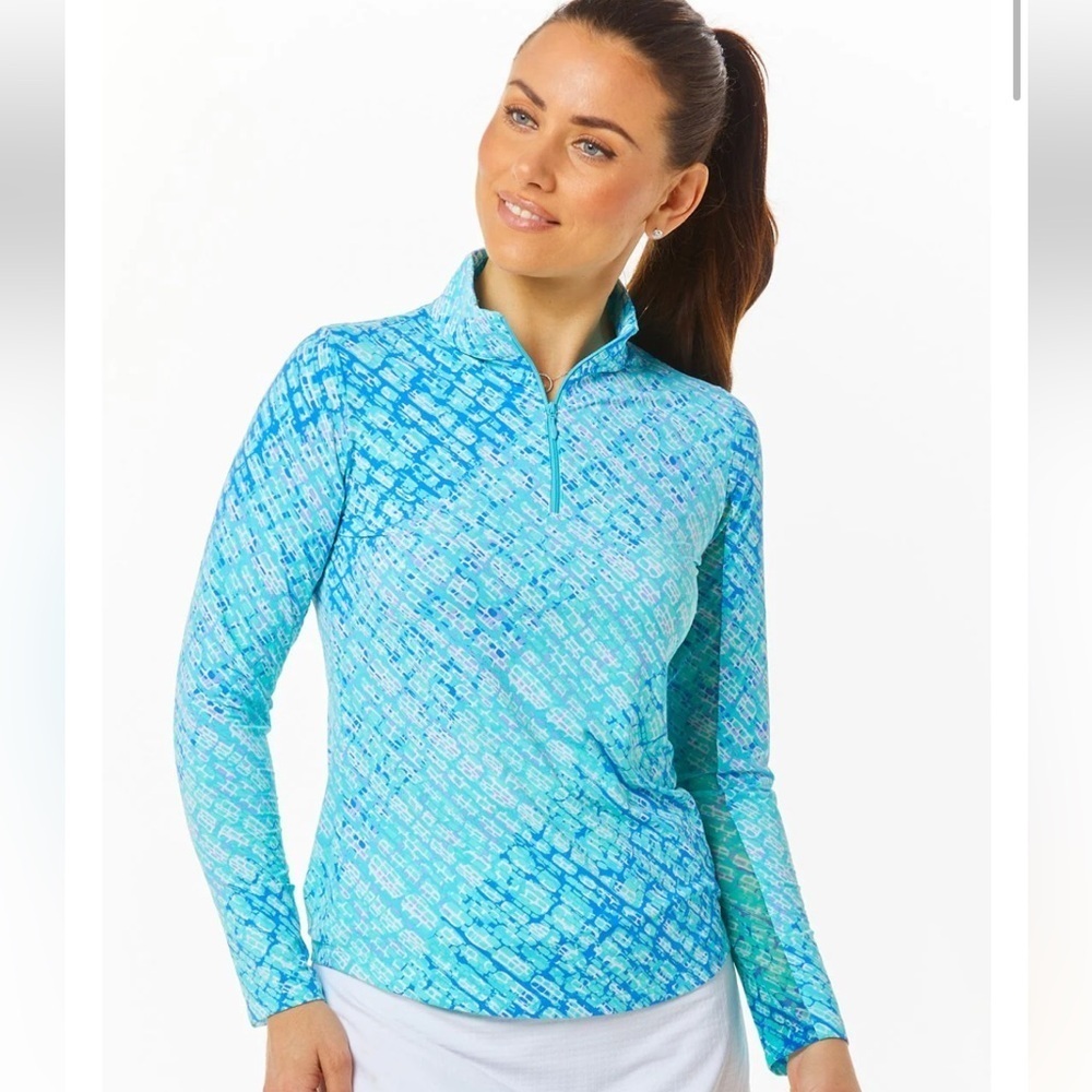 Ibkul Long Sleeve Mock 1/2 Zip Liz Jade/Lavender Print SPF 50 Sz XS